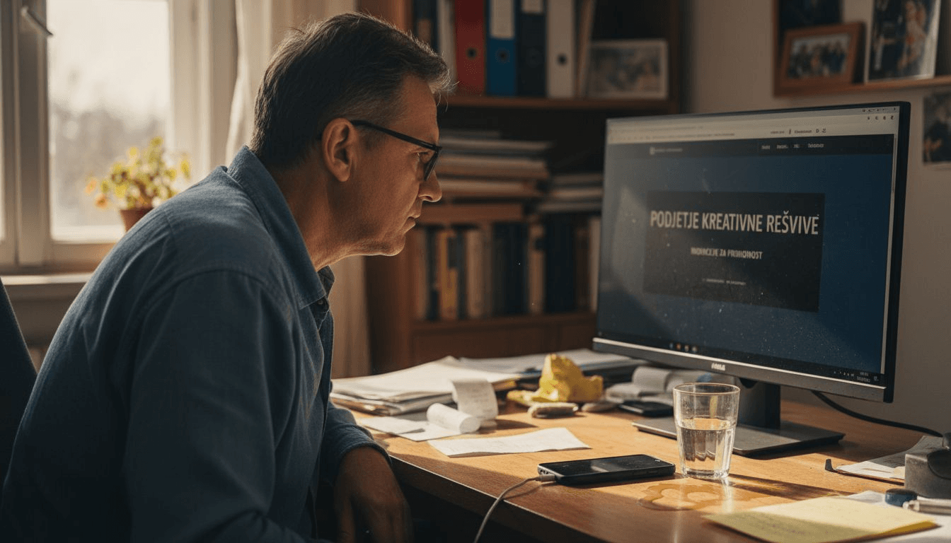 Middle-aged man wearing glasses working at a desk in a home office, focused on a computer screen displaying a website with the headline “Podjetje: Kreativne Rešitve,” surrounded by papers, a glass of water, and office supplies.
