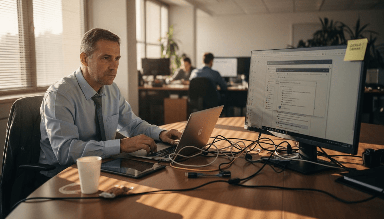 Middle-aged man in business attire working on a laptop at a modern office desk, with a large monitor displaying Windows settings and several cables connected; two colleagues are collaborating in the background, and sunlight streams through large windows.