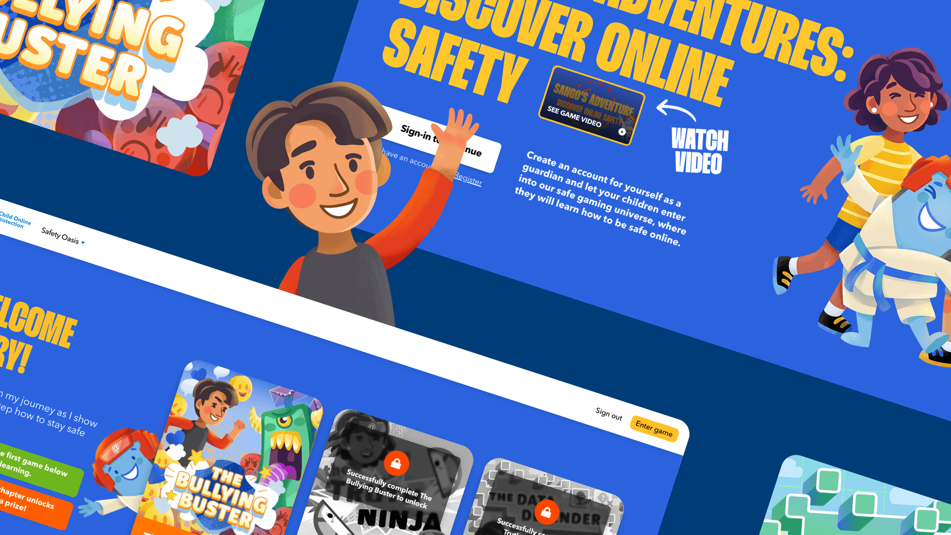 Colorful illustration of the online safety game platform for kids. The screen showcases “Sango’s Adventures: Discover Online Safety” with playful cartoon characters, a sign-in prompt, and a “Watch Video” button. Below, game cards are shown, including one titled “The Bullying Buster” and other locked chapters. A cheerful cartoon boy waves in the center, inviting users to explore the learning games. The interface is designed for children and guardians to learn about safe internet use in a fun, engaging way.