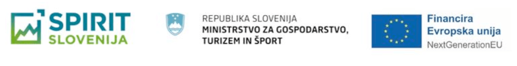Logotipi podpornikov projekta. Z leve: logotip SPIRIT Slovenija, grb Republike Slovenije z napisom “Ministrstvo za gospodarstvo, turizem in šport”, ter logotip Evropske unije z napisom “Financira Evropska unija – NextGenerationEU”.