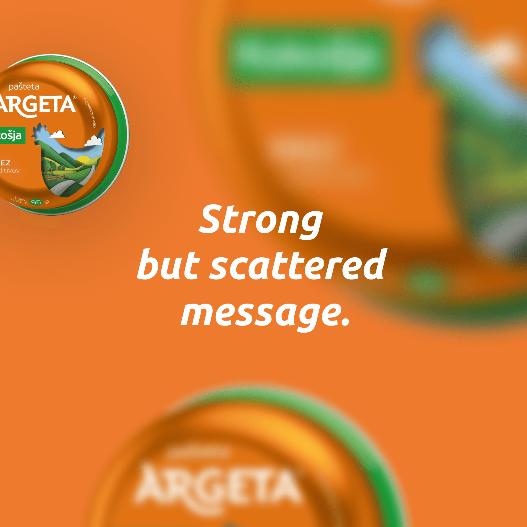 Argeta pâté packaging on an orange background with the text “Strong but scattered message” in bold white letters across the center. The main Argeta can is fully visible in the top left, featuring branding and product details, while two blurred cans appear in the background and bottom right corner.
