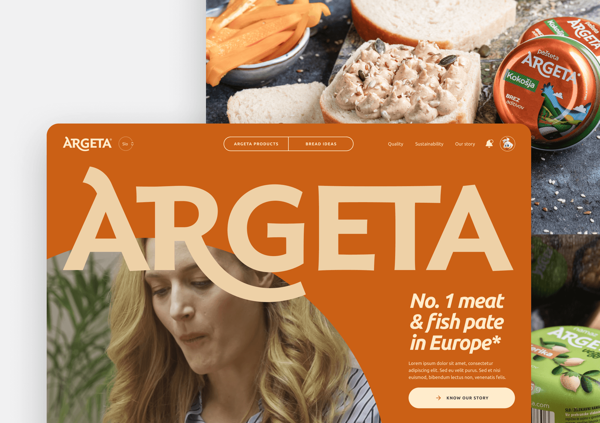 Argeta website landing page featuring bold orange branding with "Argeta" logo, tagline "No. 1 meat & fish pate in Europe*", navigation menu, and a background image of a woman eating; Argeta pâté packaging and spread on bread visible above and to the right.