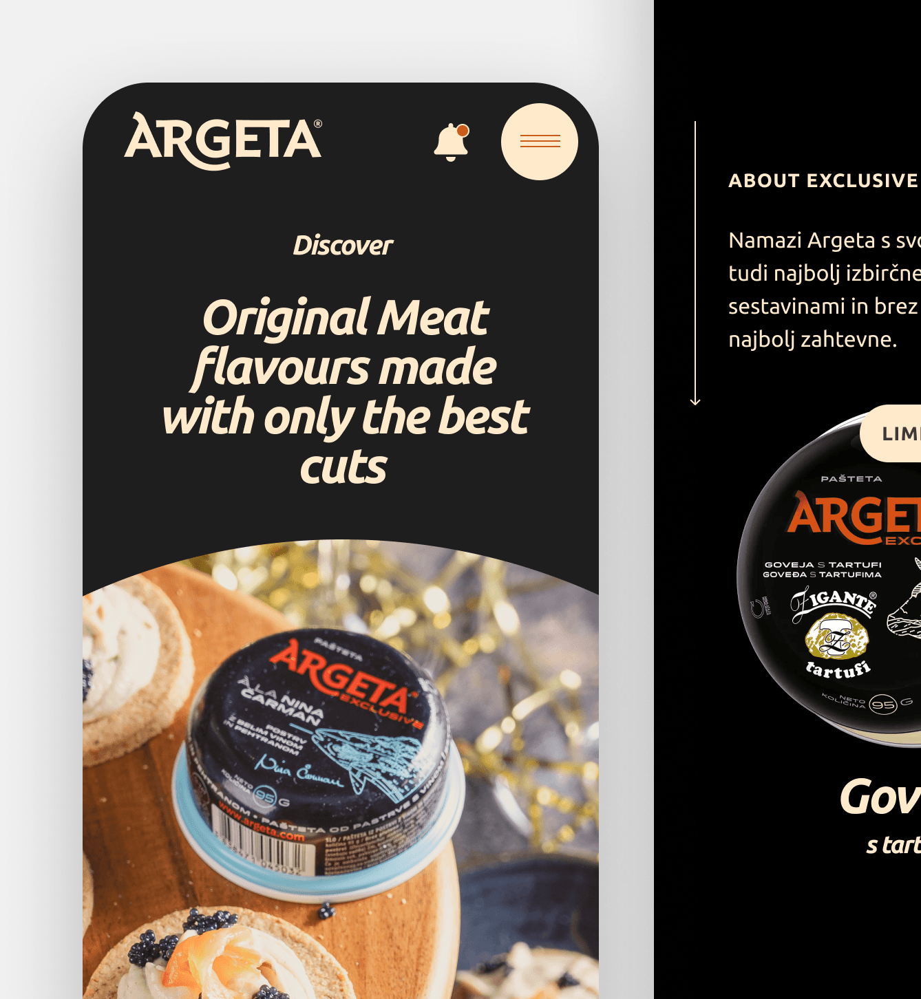 Argeta mobile website interface displaying a can of Argeta pâté on a wooden board with bread and flowers, accompanied by the headline “Original Meat flavours made with only the best cuts” in bold white text.