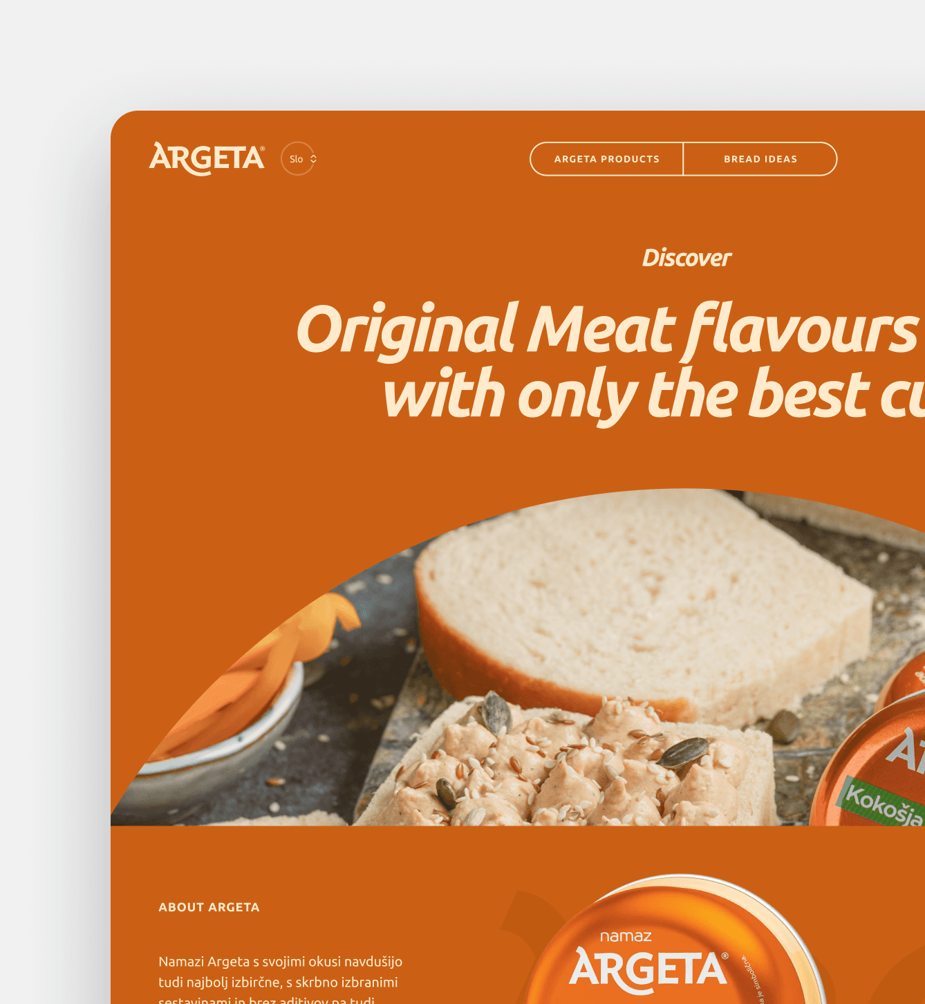 Argeta branded promotional banner featuring a close-up of a slice of bread topped with Argeta meat spread, surrounded by fresh bread and a branded container. Text reads: “Original Meat Flavours with only the best cu...” and navigational options include “Argeta Products” and “Bread Ideas.”