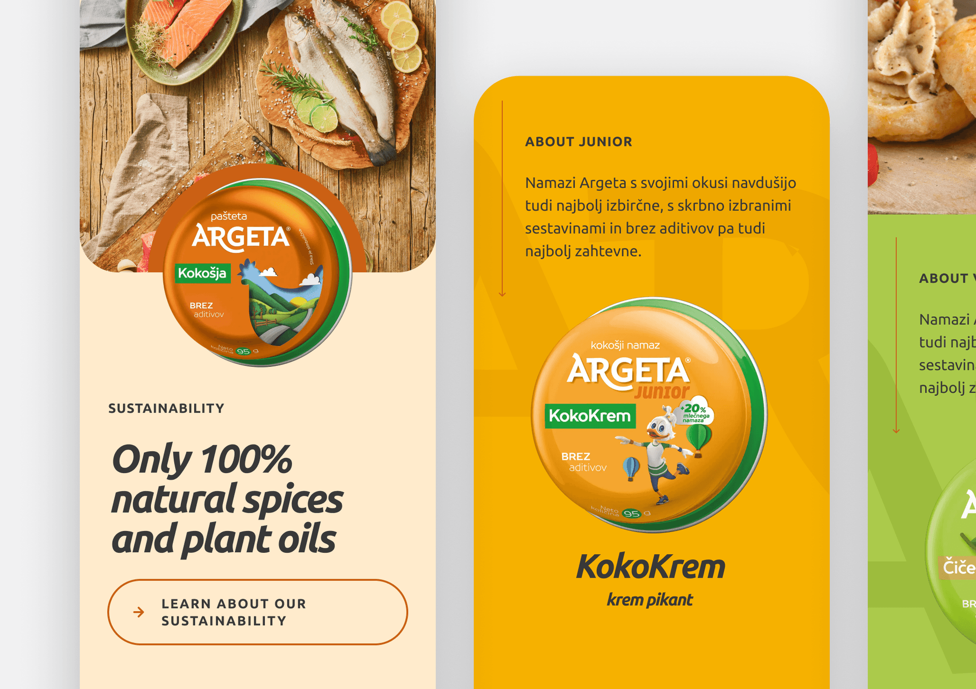 Argeta Junior KokoKrem chicken spread packaging displayed on a light beige background, accompanied by promotional text highlighting "Only 100% natural spices and plant oils" and an "About Junior" section describing the product’s use of natural ingredients, suitable for children and adults. A button at the bottom invites users to "Learn about our sustainability."
