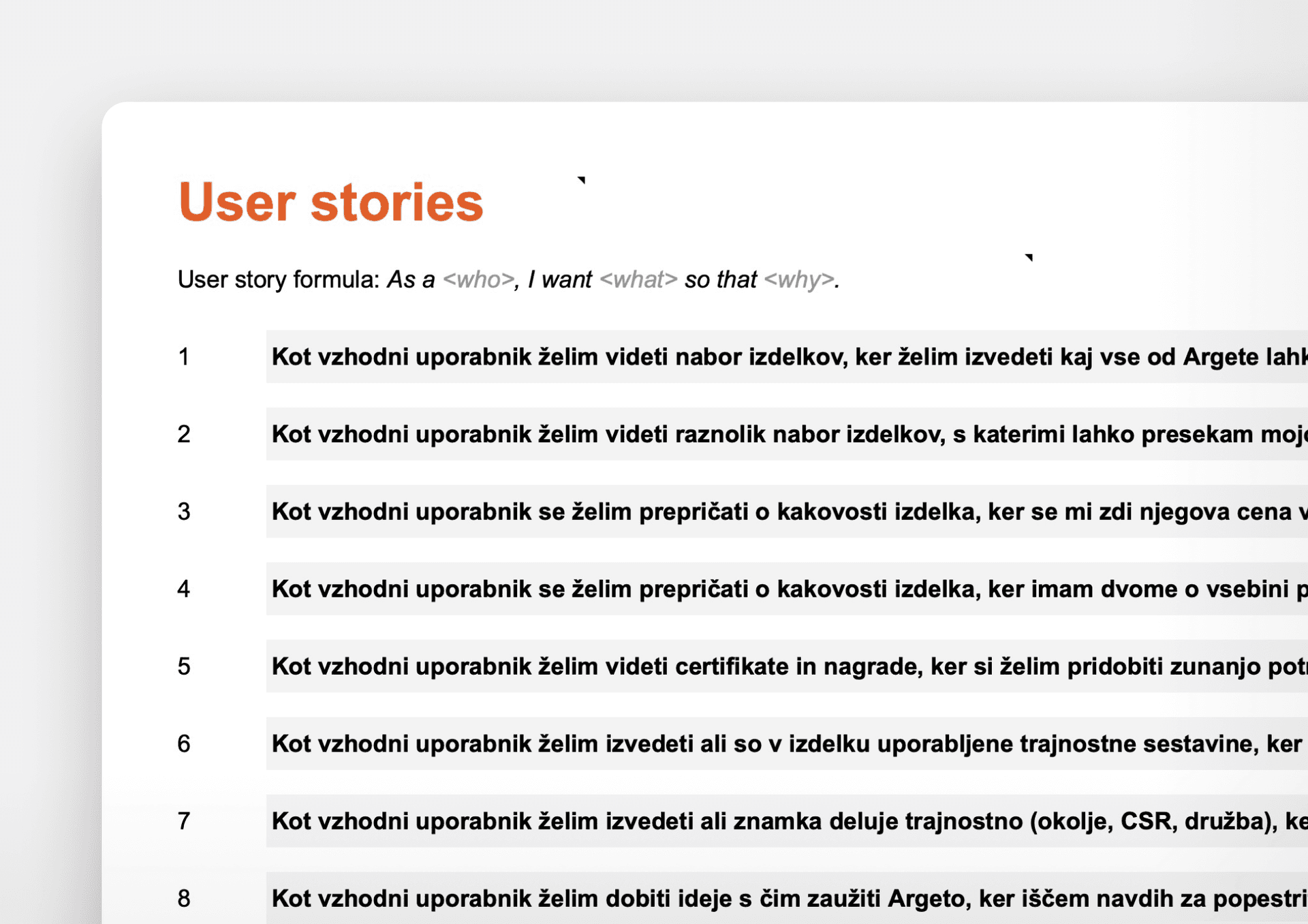 Screenshot of a CNJ Digital web page section titled "User stories" in orange text, displaying a user story formula: "As a <who>, I want <what> so that <why>." Below are a numbered list of user stories written in Slovenian, each one beginning with "Kot vzhodni uporabnik želim," followed by various product-related needs and requirements.