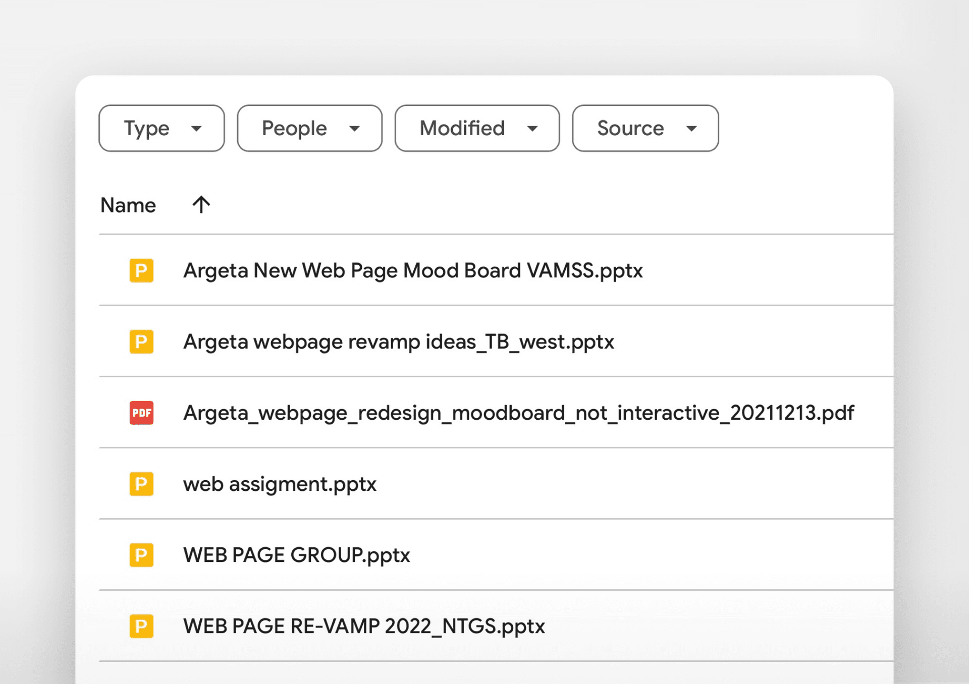 A file directory interface displaying project files related to Argeta, including PowerPoint presentations and one PDF. File names visible are: "Argeta New Web Page Mood Board VAMSS.pptx," "Argeta webpage revamp ideas_TB_west.pptx," "Argeta_webpage_redesign_moodboard_not_interactive_20211213.pdf," "web assignment.pptx," "WEB PAGE GROUP.pptx," and "WEB PAGE RE-VAMP 2022_NTGS.pptx." Filter options above the list include Type, People, Modified, and Source.
