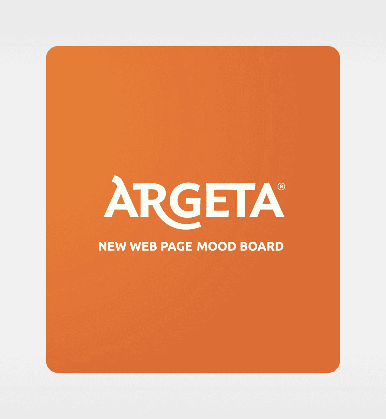Argeta logo centered on an orange gradient background with the text “NEW WEB PAGE MOOD BOARD” below the logo in white capital letters.