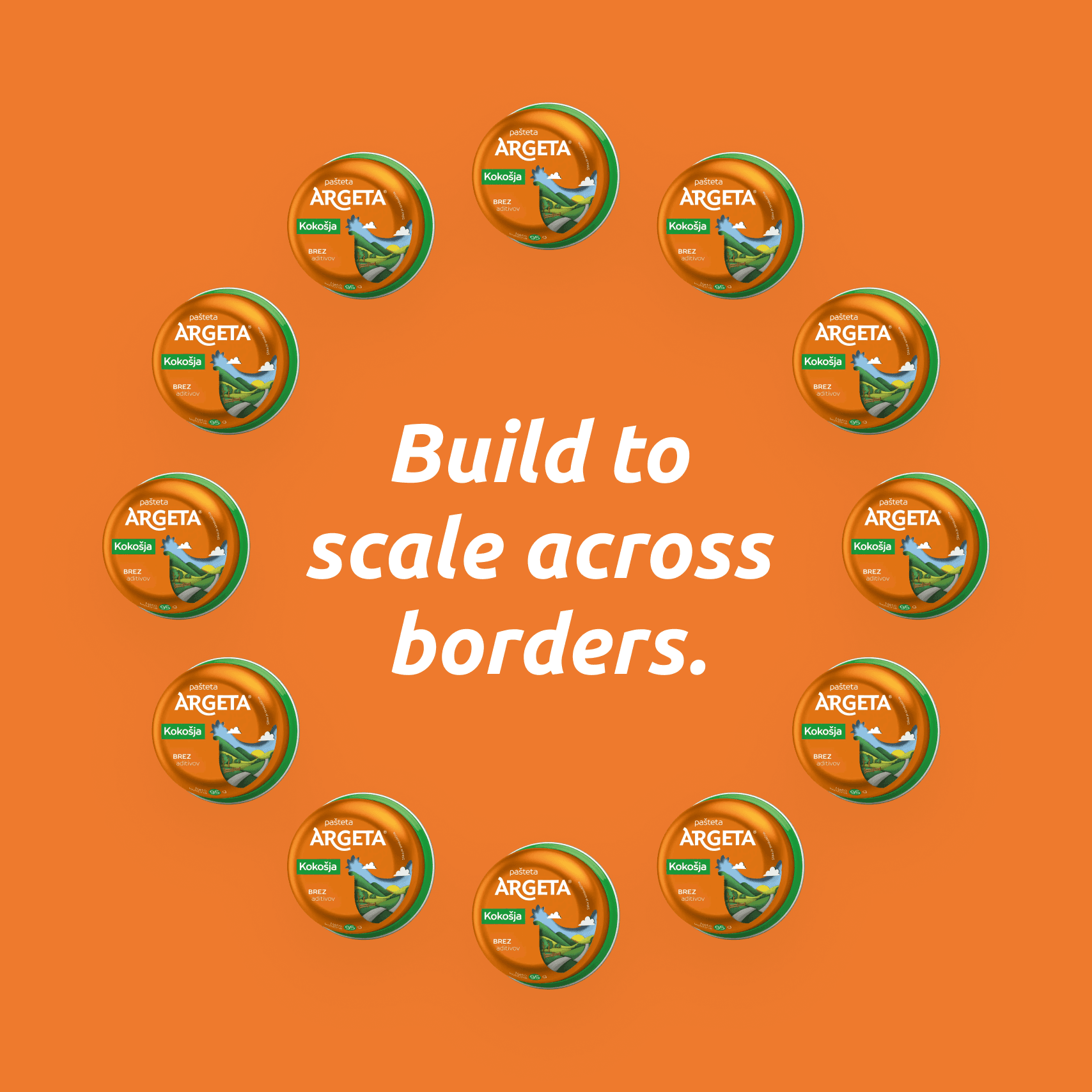 Arrangement of twelve Argeta pâté cans forming a circle around the centered text "Build to scale across borders." on an orange background.