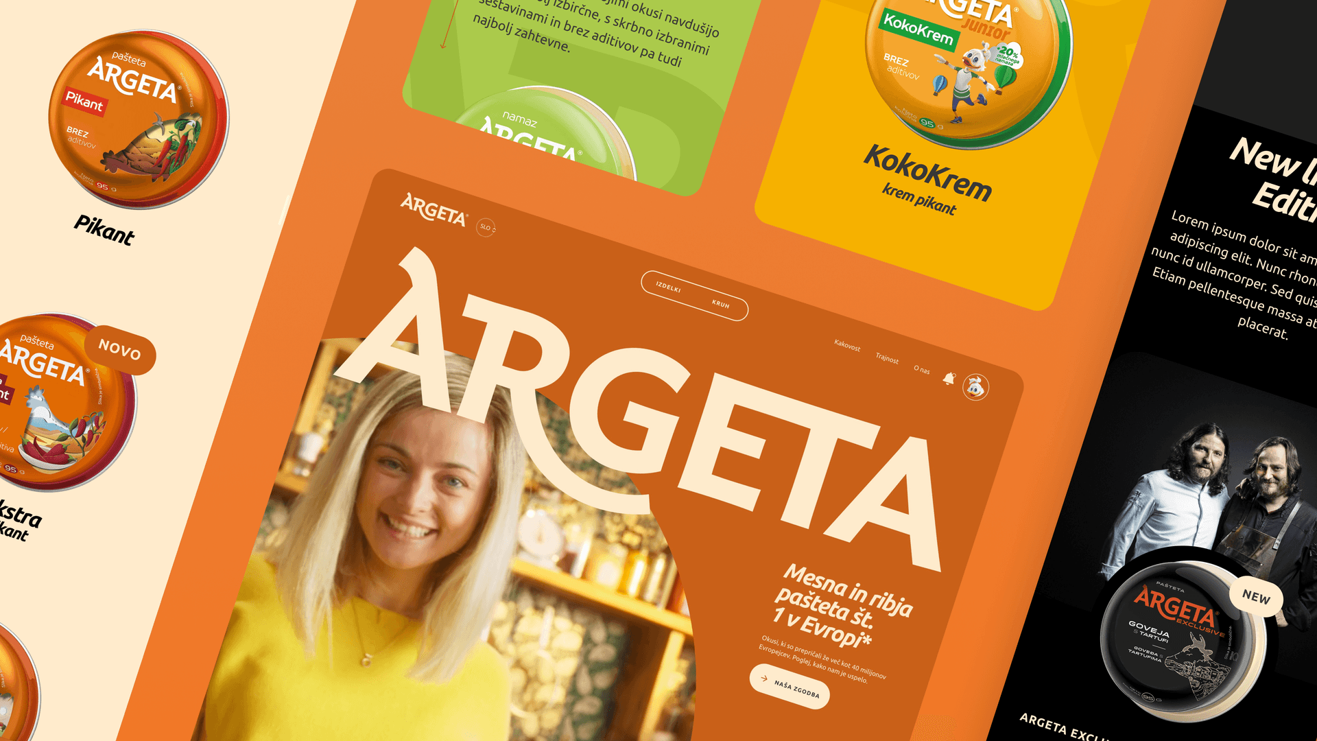 Argeta website and product branding displayed on various digital screens, featuring Argeta meat and vegetarian spreads in circular packaging, bold typography with the Argeta logo, a smiling woman in the main banner, and promotional information highlighting Argeta’s market leadership and new editions.