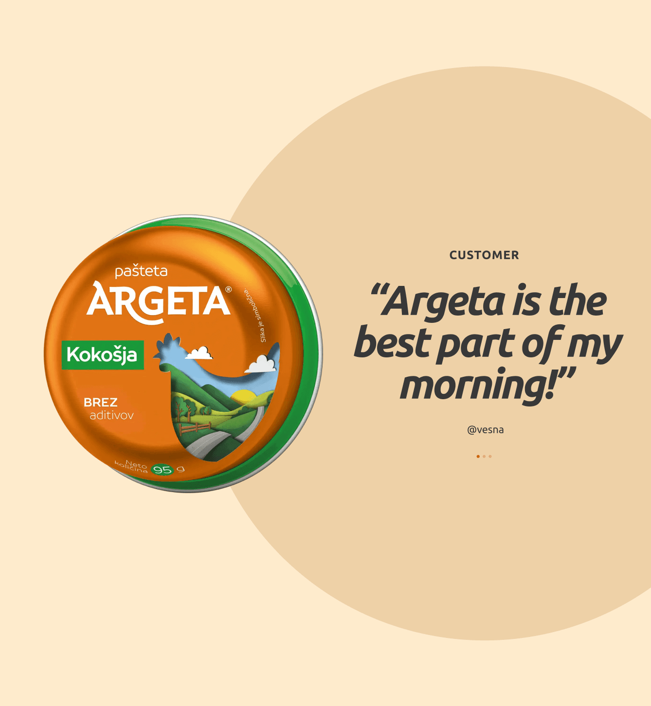 Argeta Kokošja pâté tin with green label on a beige background, next to a customer testimonial stating, "Argeta is the best part of my morning!" by @vesna. The layout emphasizes the Argeta brand and product.