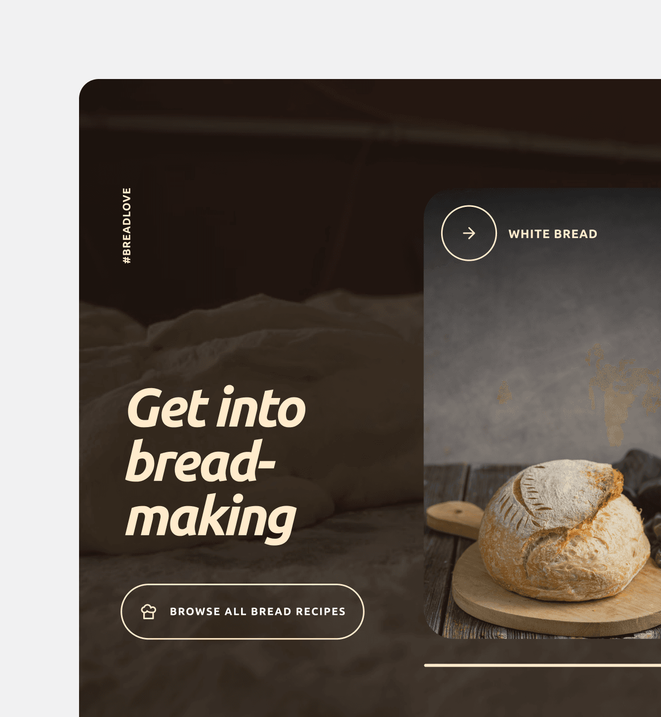 Loaf of rustic white bread on a wooden surface with a flour dusting, next to the text “Get into bread-making” and a button labeled “Browse all bread recipes”; CNJ Digital branding with hashtag #BREADLOVE on the side.