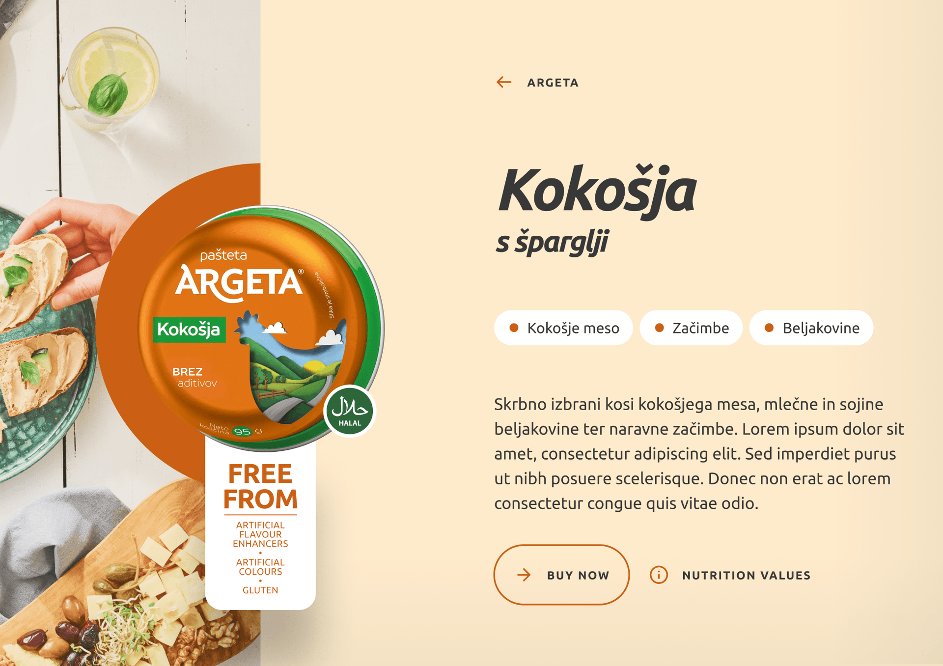 Argeta KoKošja pâté with asparagus shown in an open tin next to toast slices and asparagus on a cutting board. Product packaging highlights "Free From" artificial colors, flavor enhancers, and gluten. Website interface features category tags "Kokošje meso", "Začimbe", and "Beljakovine", a product description in Slovenian, and buttons labeled "BUY NOW" and "NUTRITION VALUES". Argeta branding is clearly visible.