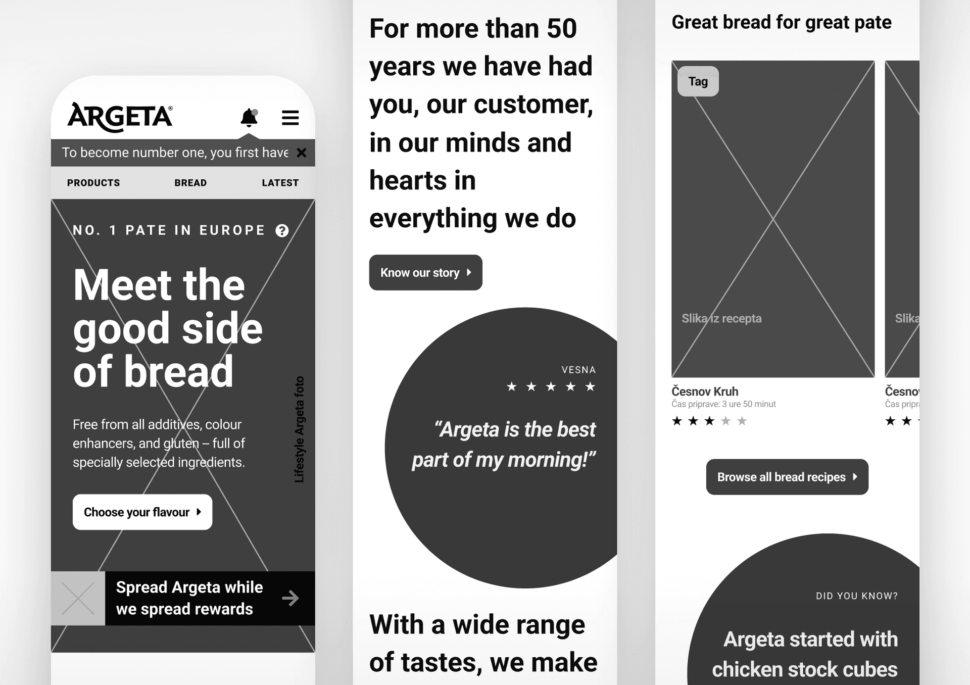 Three mobile interface screens for Argeta’s website, showcasing responsive design with bold typography and a monochrome color scheme. The screens highlight messages such as “Meet the good side of bread” and customer testimonials like “Argeta is the best part of my morning!” Buttons invite users to “Spread Argeta” and “Discover all bread recipes.” The Argeta logo appears at the top, and content features a focus on quality pate products, user stories, and accessible navigation.