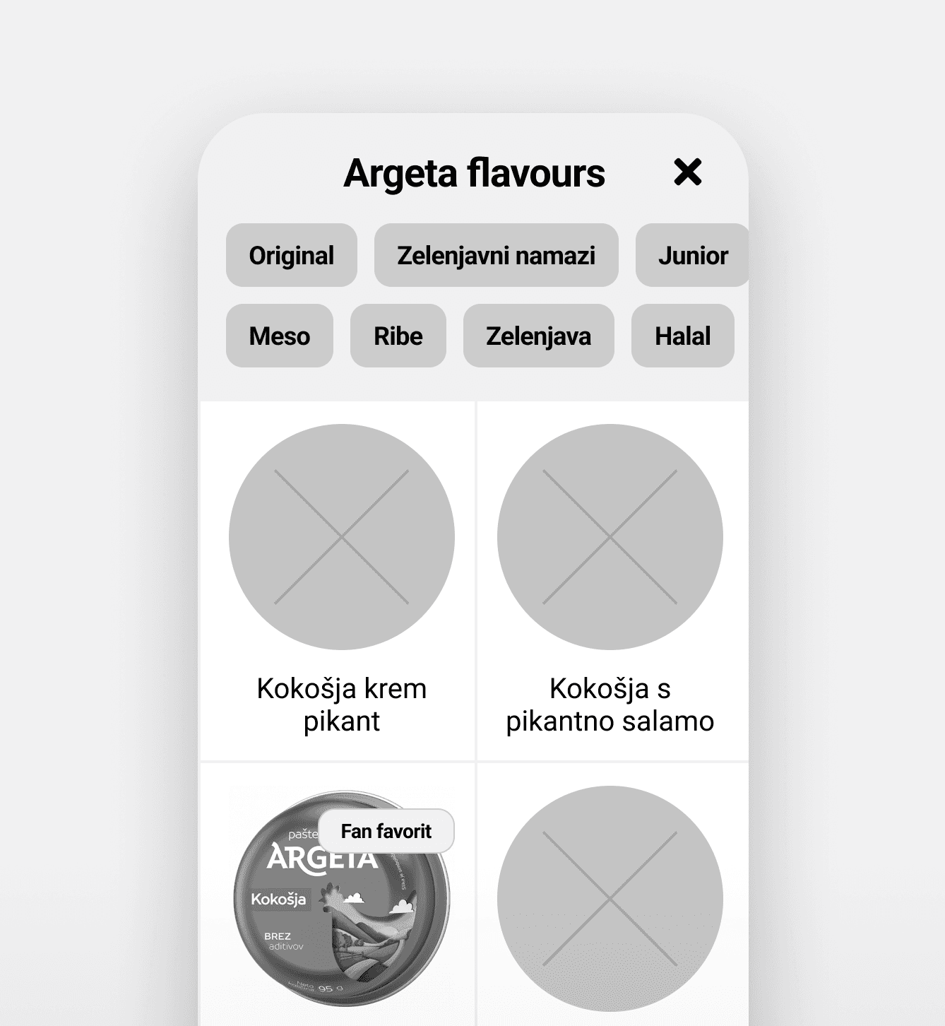 Mobile app interface displaying Argeta flavours with filter buttons for "Original," "Zelenjavni namazi," "Junior," "Meso," "Ribe," "Zelenjava," and "Halal" at the top. Below, a grid shows product placeholders, with one visible product in the lower left corner: Argeta Kokošja chicken pâté tin labeled "Fan favorit." Product descriptions in Slovenian below each item.