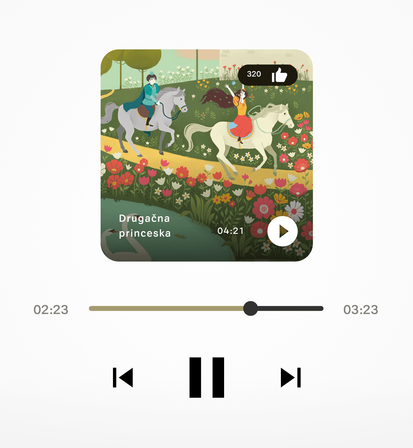 Illustration of a fairytale scene showing a princess in a red dress riding a white horse and a man in blue riding a grey horse through a vibrant field of colorful flowers. CNJ Digital audio player interface below shows the Slovenian title "Drugačna princeska," playback time at 02:23 of 04:21, with play controls and a like count of 320.
