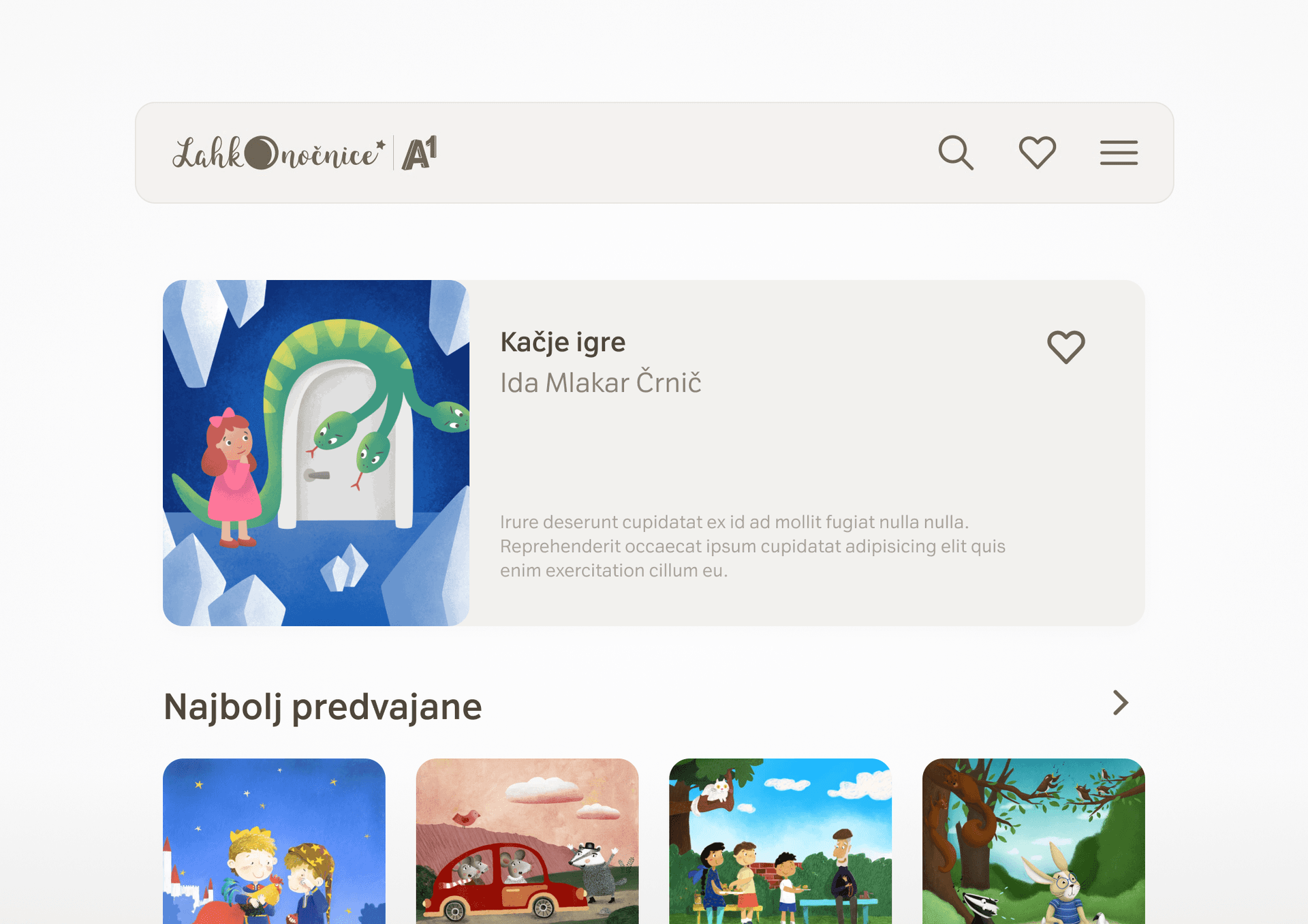 Lahkonočnice website interface showing a featured story card titled "Kačje igre" by Ida Mlakar Črnič, with an illustration of a girl standing next to a friendly green snake. Below, a section titled "Najbolj predvajane" displays several colorful story thumbnails. The top navigation includes the Lahkonočnice logo, a search icon, and a menu icon.