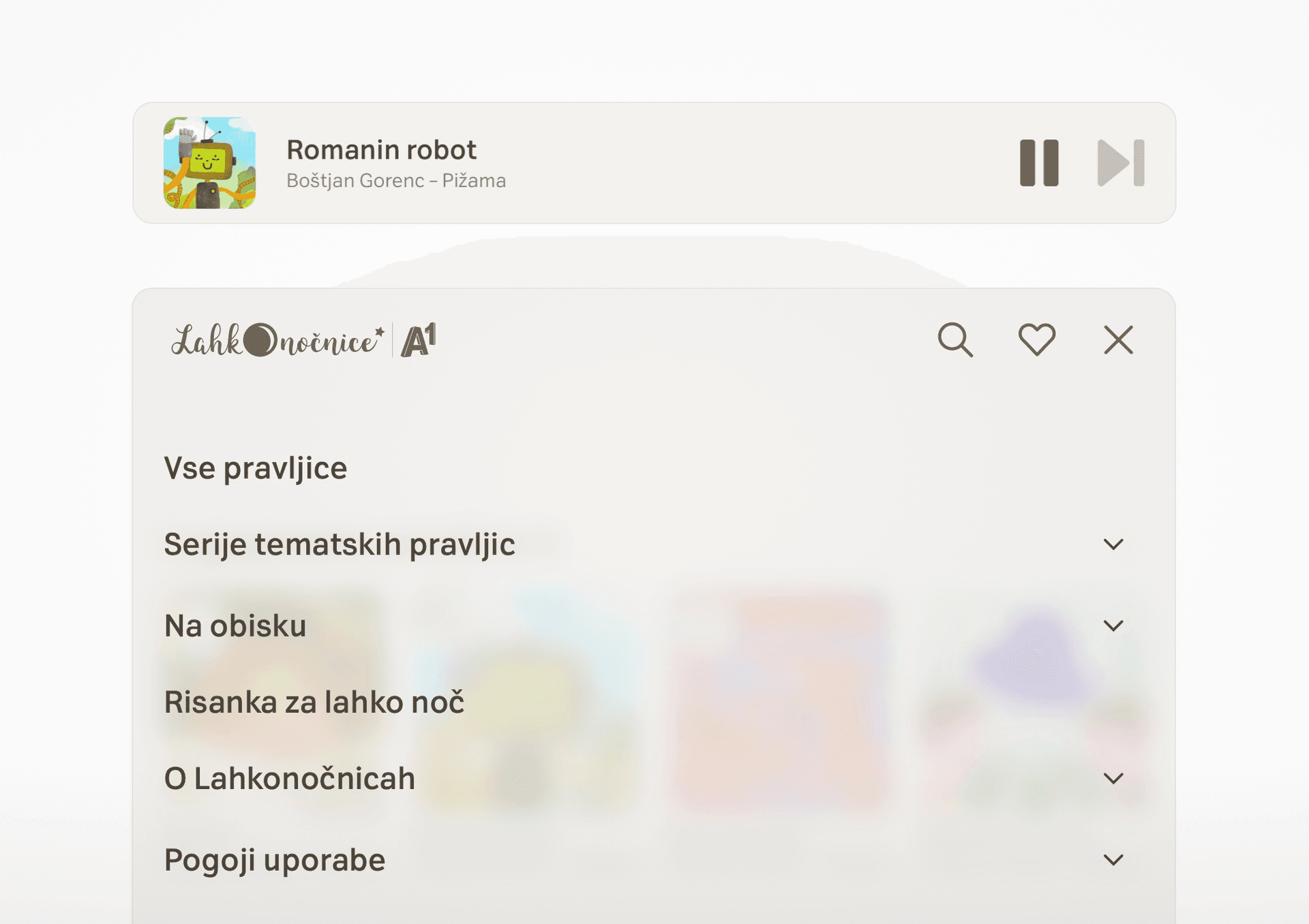 Audio player interface at the top displaying "Romanin robot" by Boštjan Gorenc – Pižama with play and pause controls. Below, the Lahkonočnice website menu is open, showing categories including "Vse pravljice," "Serije tematskih pravljic," "Na obisku," "Risanka za lahko noč," "O Lahkonočnicah," and "Pogoji uporabe," with some menu items expanded and blurred background thumbnails.
