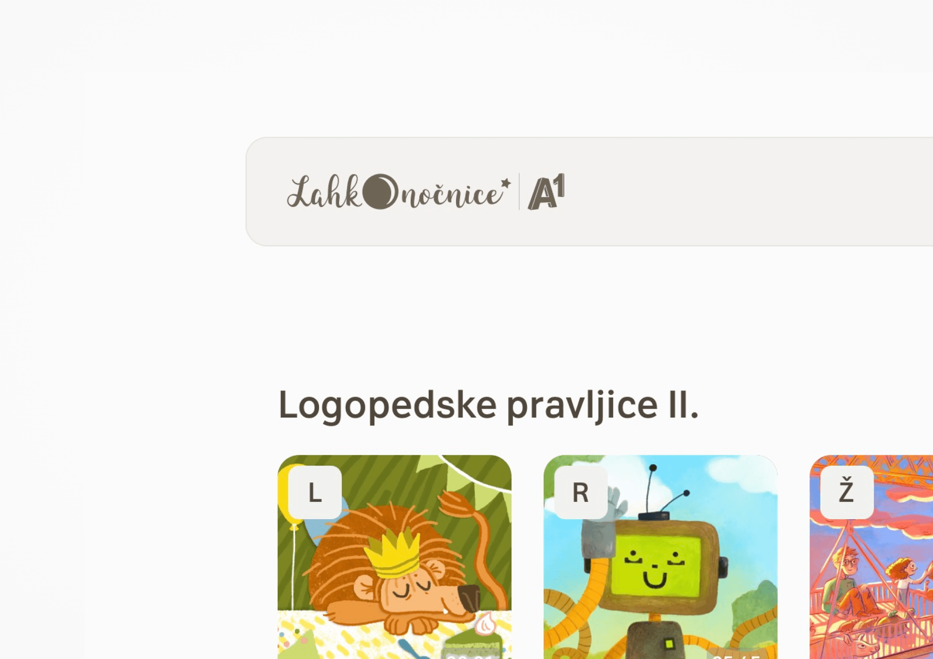 "Lahkonočnice A1 logo above the heading 'Logopedske pravljice II.' with illustrated cards below, including a lion with a crown labeled 'L' and a smiling robot labeled 'R'."