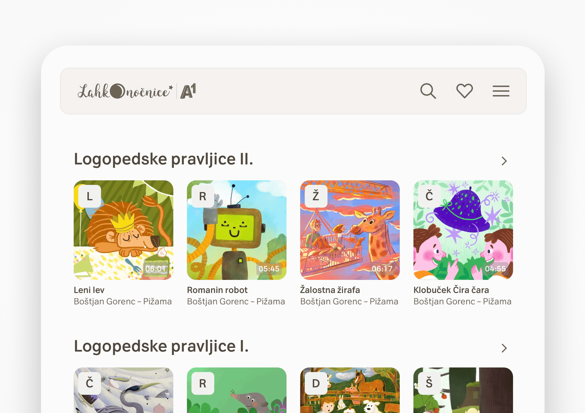 Close-up of a website interface for Lahkonočnice and A1, displaying a collection of illustrated children's audiobooks. The top row features colorful cover art for stories including "Leni lev," "Romanin robot," "Žalostna žirafa," and "Klobuček Čira Čara," each with duration indicators and icons. The interface includes a search bar, profile, and menu icons along the top.
