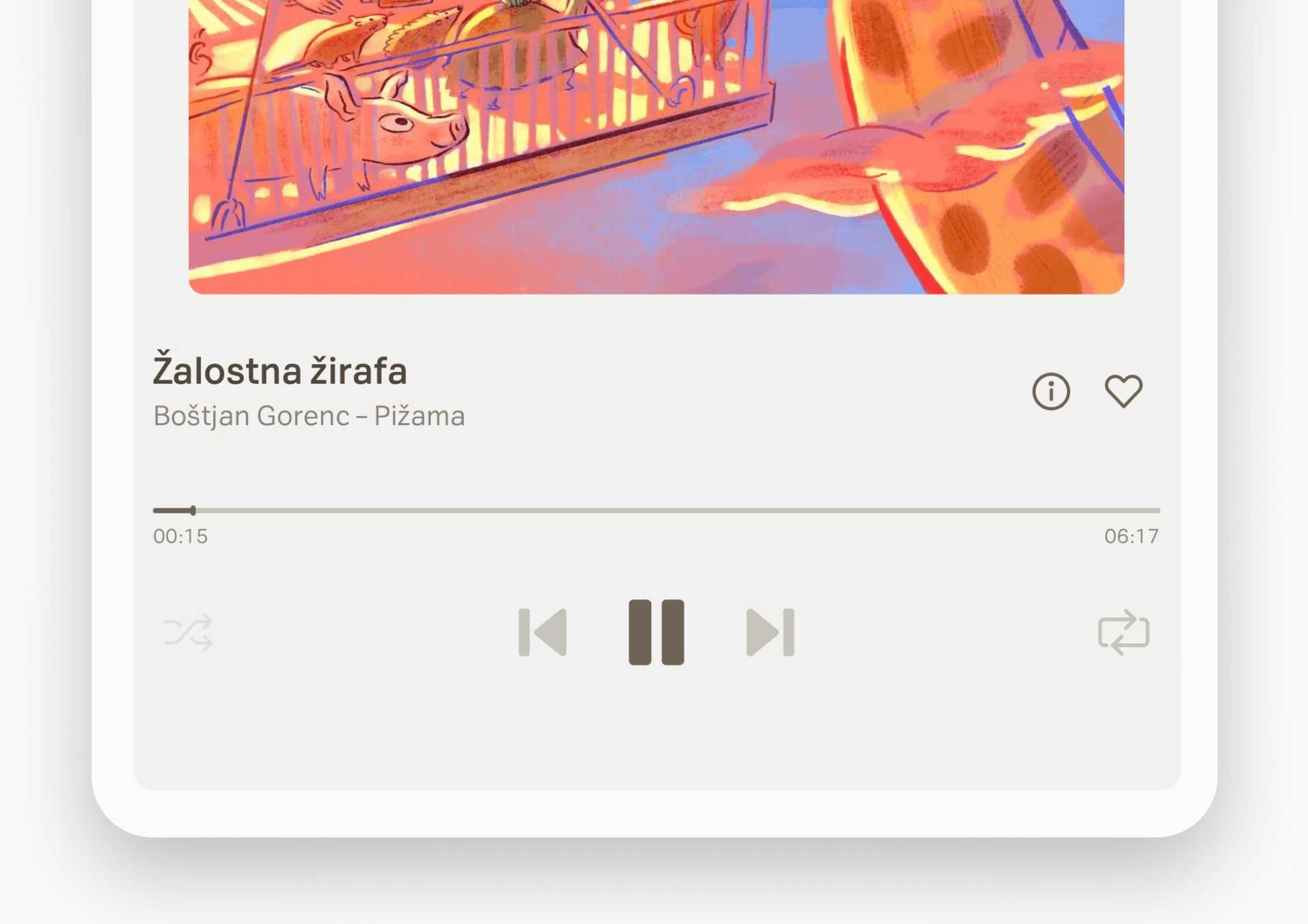 Digital music player interface showing the song "Žalostna žirafa" by Boštjan Gorenc from the album "Pižama." The cover art features a sad giraffe behind yellow railings, with warm, pastel-colored clouds in the background. Media controls such as play/pause, favorite, and share are visible below the track information.
