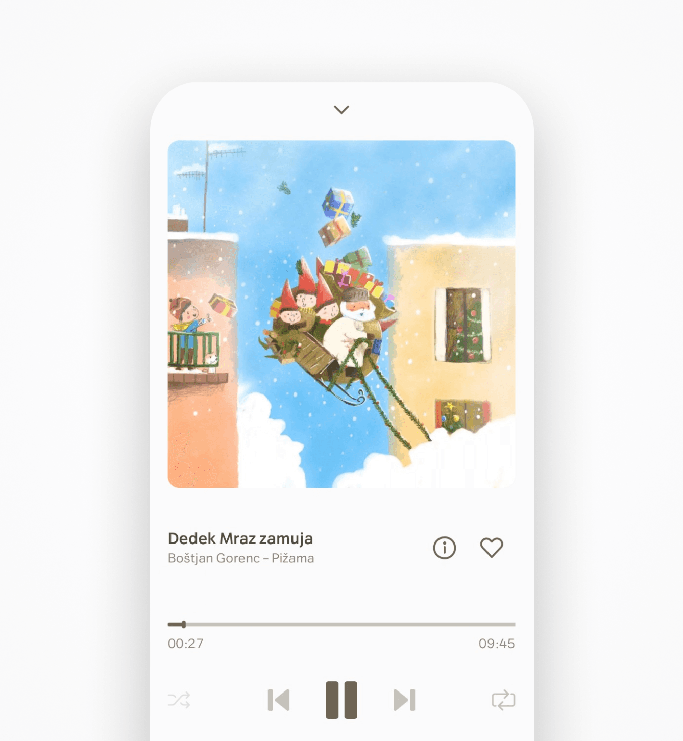 Cartoon illustration of Dedek Mraz, the Slovenian Santa Claus, riding a sleigh filled with gifts between apartment buildings, with children waving from balconies and snowfall in the background. Music player interface displays the song "Dedek Mraz zamuja" by Boštjan Gorenc – Pižama.