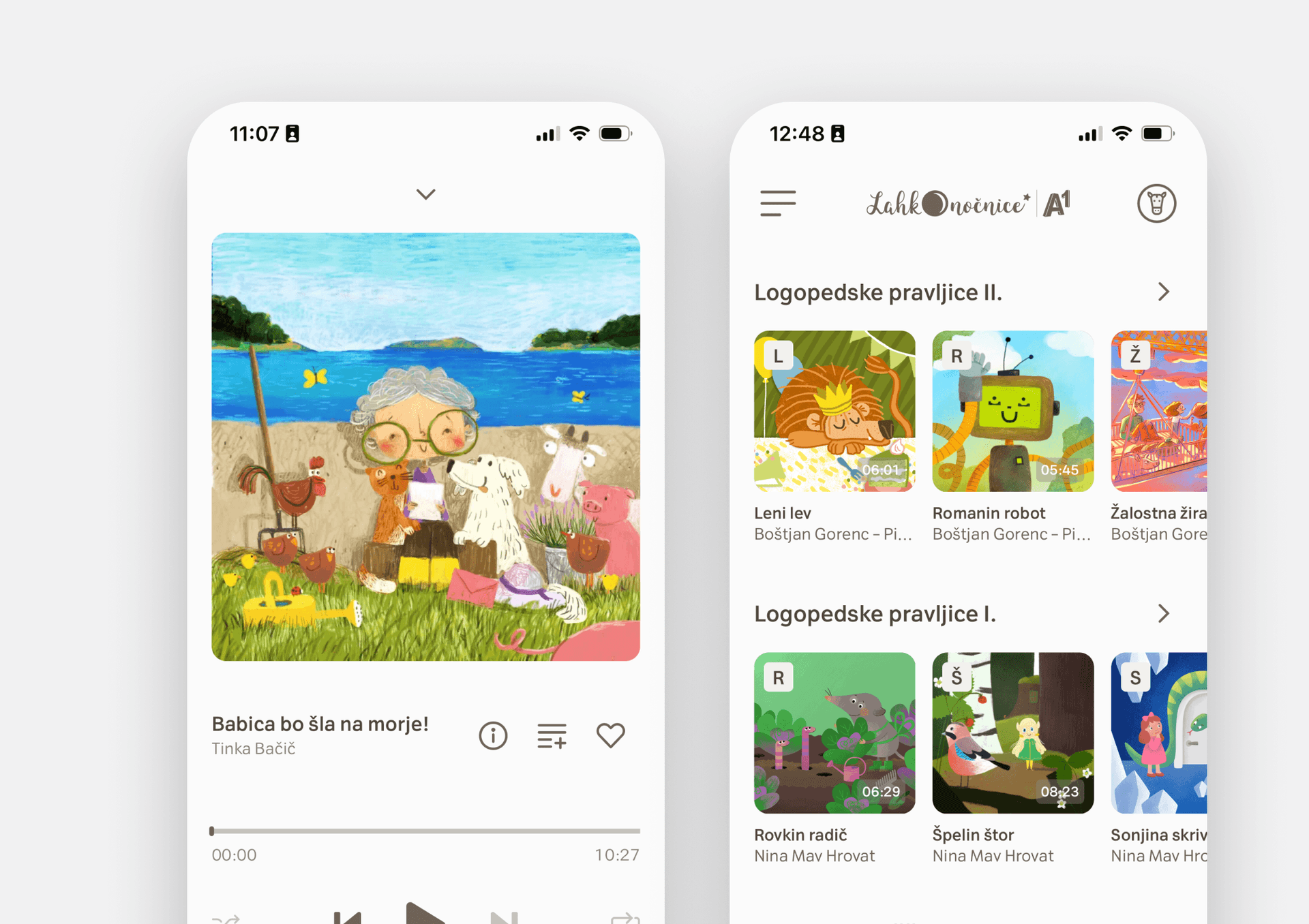 Mobile music streaming app interface displaying an illustrated children’s story titled “Babica bo šla na morje!” by Tinka Bačič, featuring a colorful seaside scene with an elderly woman, animals, and picnic items. The app is branded with Lahkonočnice and shows a list of additional children's stories with playful cover illustrations and story titles in Slovenian.