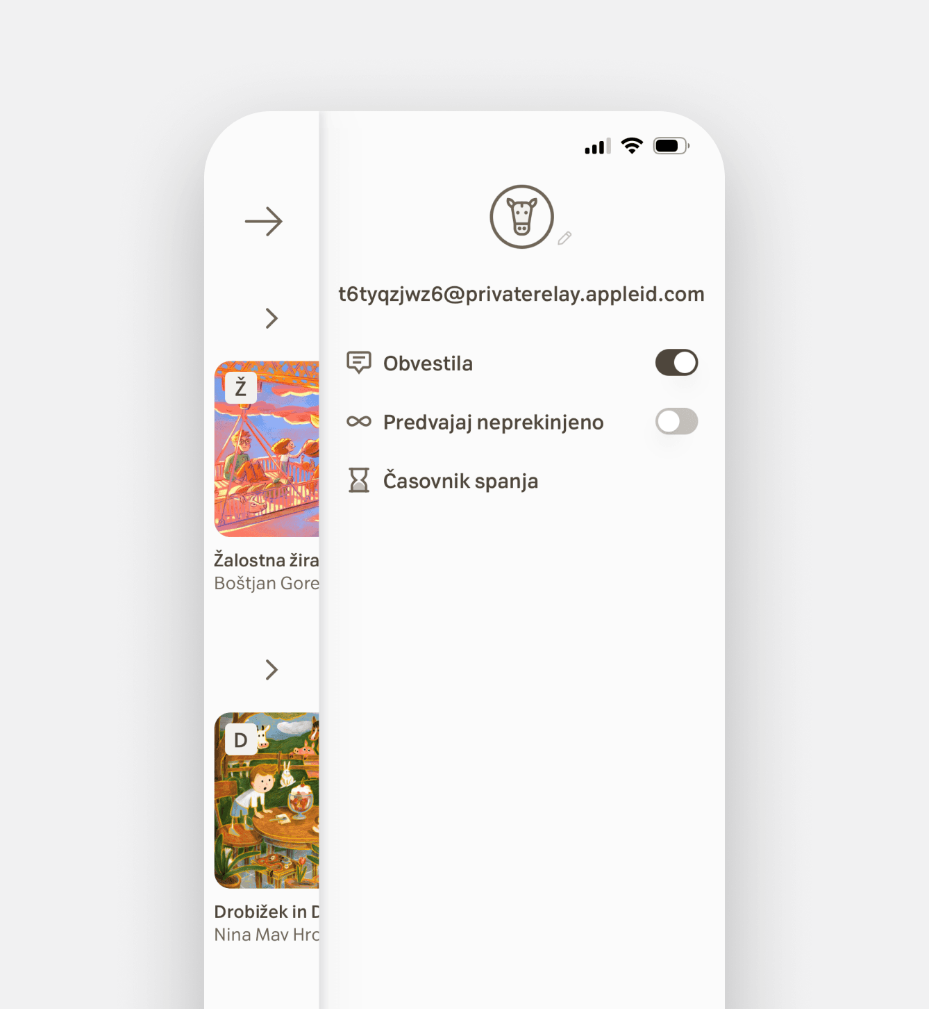 Mobile app interface showing user account settings with a partial background of a storybook list. Settings panel displays an email address with a private relay domain, toggle switches for notifications (Obvestila), uninterrupted playback (Predvajaj neprekinjeno), and a sleep timer (Časovnik spanja). The CNJ Digital mascot icon appears at the top. Slovenian language used throughout the menu.