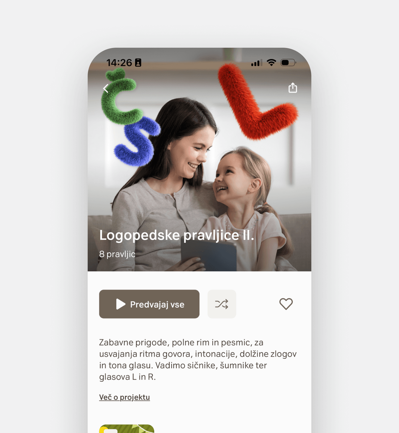 Smiling woman sitting on a couch holding and looking at a laughing young girl; above them, colorful pipe-cleaner shapes form the letters "S" and "L." The screen displays the "Logopedske pravljice II." collection in the CNJ Digital mobile app, with a play button and description in Slovenian about speech therapy stories.