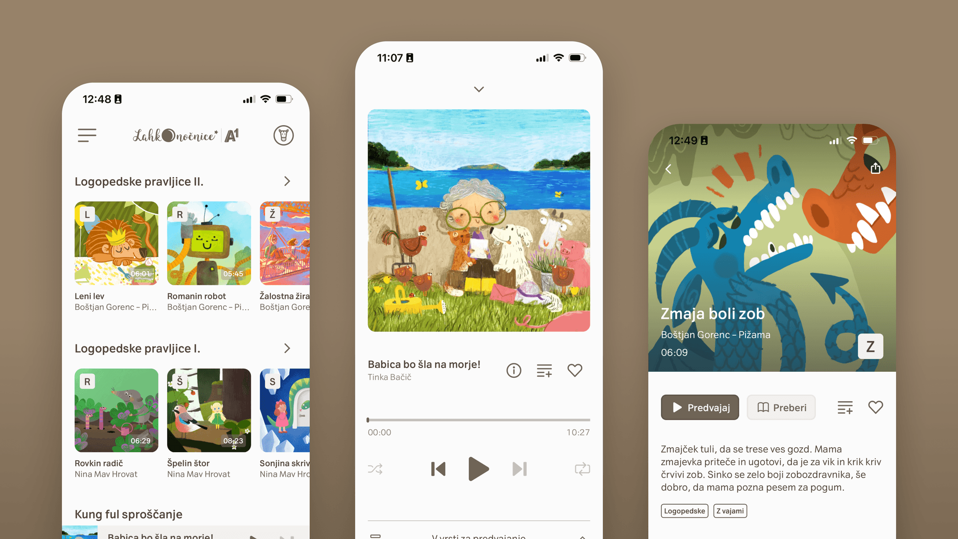 Three smartphone screens display the Lahkonočnice mobile app interface, featuring illustrated children's stories. The left screen shows a story library with colorful cartoon thumbnails and titles. The middle screen displays a story playback page with a whimsical illustration of a grandmother reading to animals by a lake. The right screen shows a story about a dragon with toothache, including the story’s title, author, audio controls, and a green dragon illustration. The app interface uses clean layouts and playful artwork, reflecting its focus on children's audio stories.