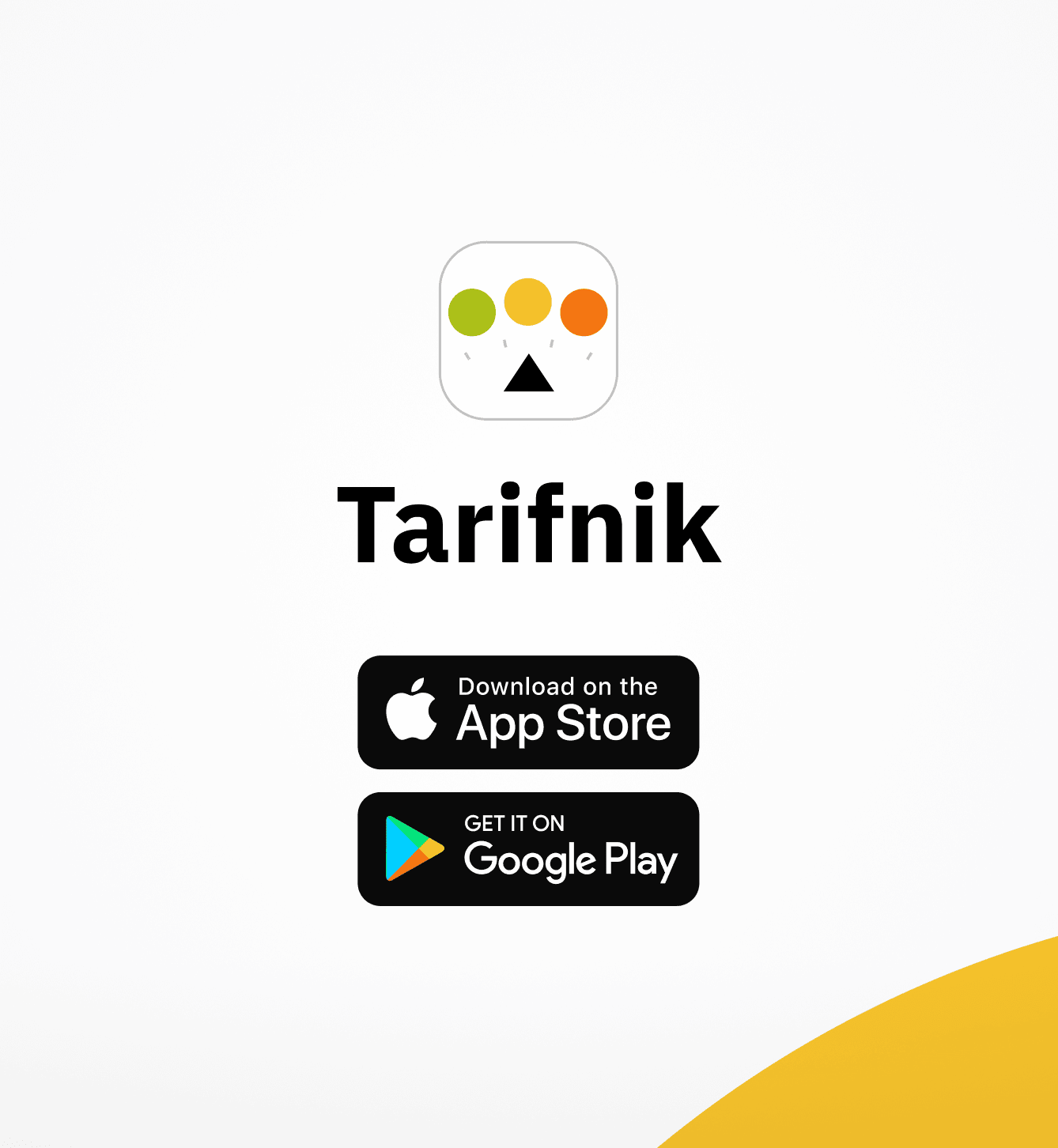 Tarifnik app logo above bold text "Tarifnik," with download buttons for the App Store and Google Play below, on a white background with a yellow curved accent in the corner.
