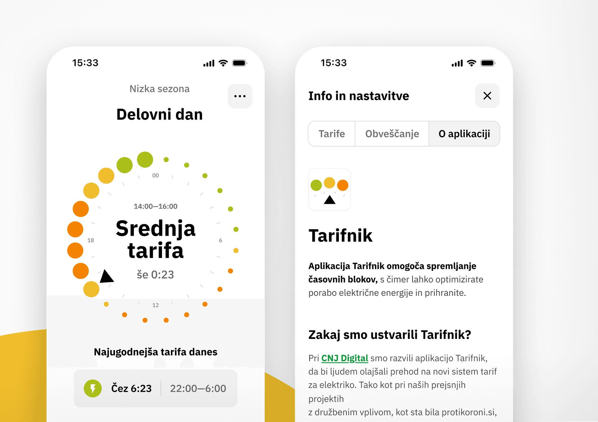 Mobile app interface displaying CNJ Digital’s Tarifik app. The left screen shows a circular graph with colored segments indicating electricity tariff hours, current time highlighted as "Srednja tarifa" (Medium tariff) with 23 minutes left, and sections labeled "Delovni dan" (Workday) and "Najugodnejša tarifa danes" (Cheapest tariff today). The right screen shows the "Tarifnik" (Tariff) information page, with sections on the app’s purpose, and CNJ Digital mentioned in highlighted green text. Both screens use clean, modern design with Slovene language text.