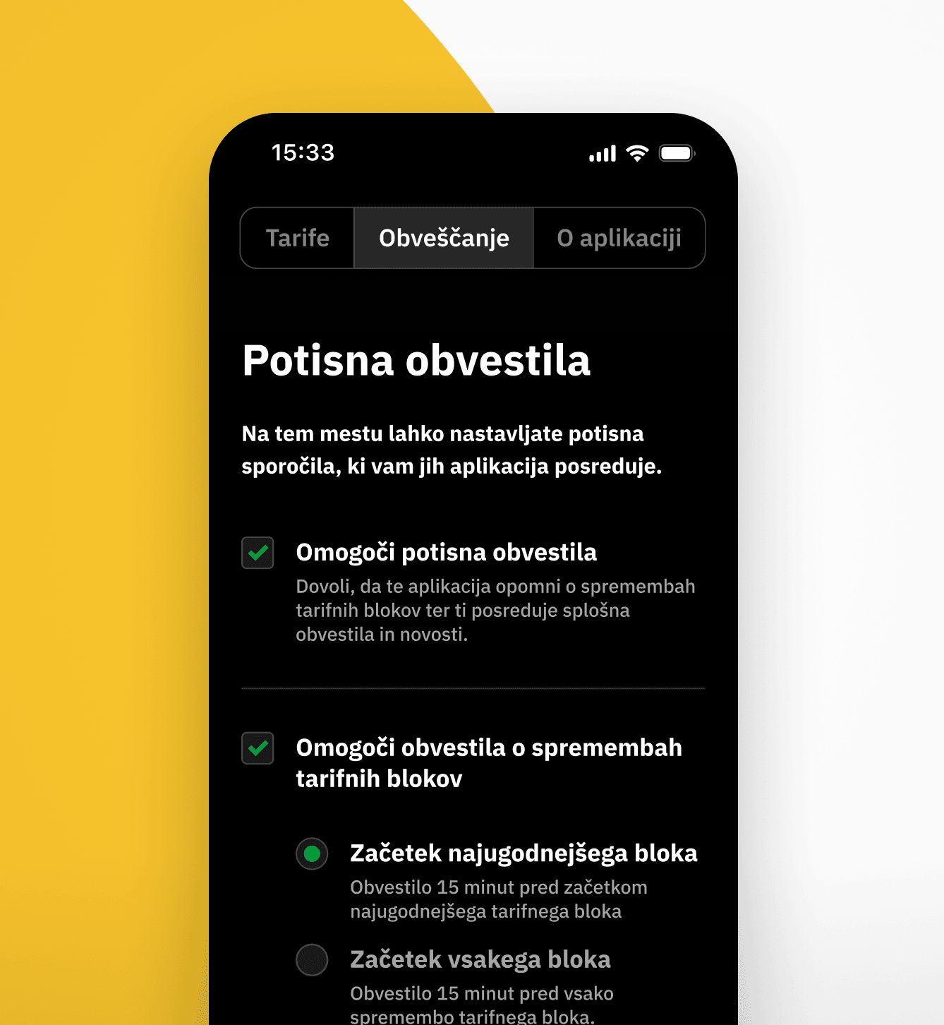 Mobile screen displaying the CNJ Digital app’s notification settings in Slovenian language, featuring options to enable push notifications and block change alerts, with toggles and explanatory text on a black interface. The top navigation includes tabs: "Tarife," "Obveščanje," and "O aplikaciji."