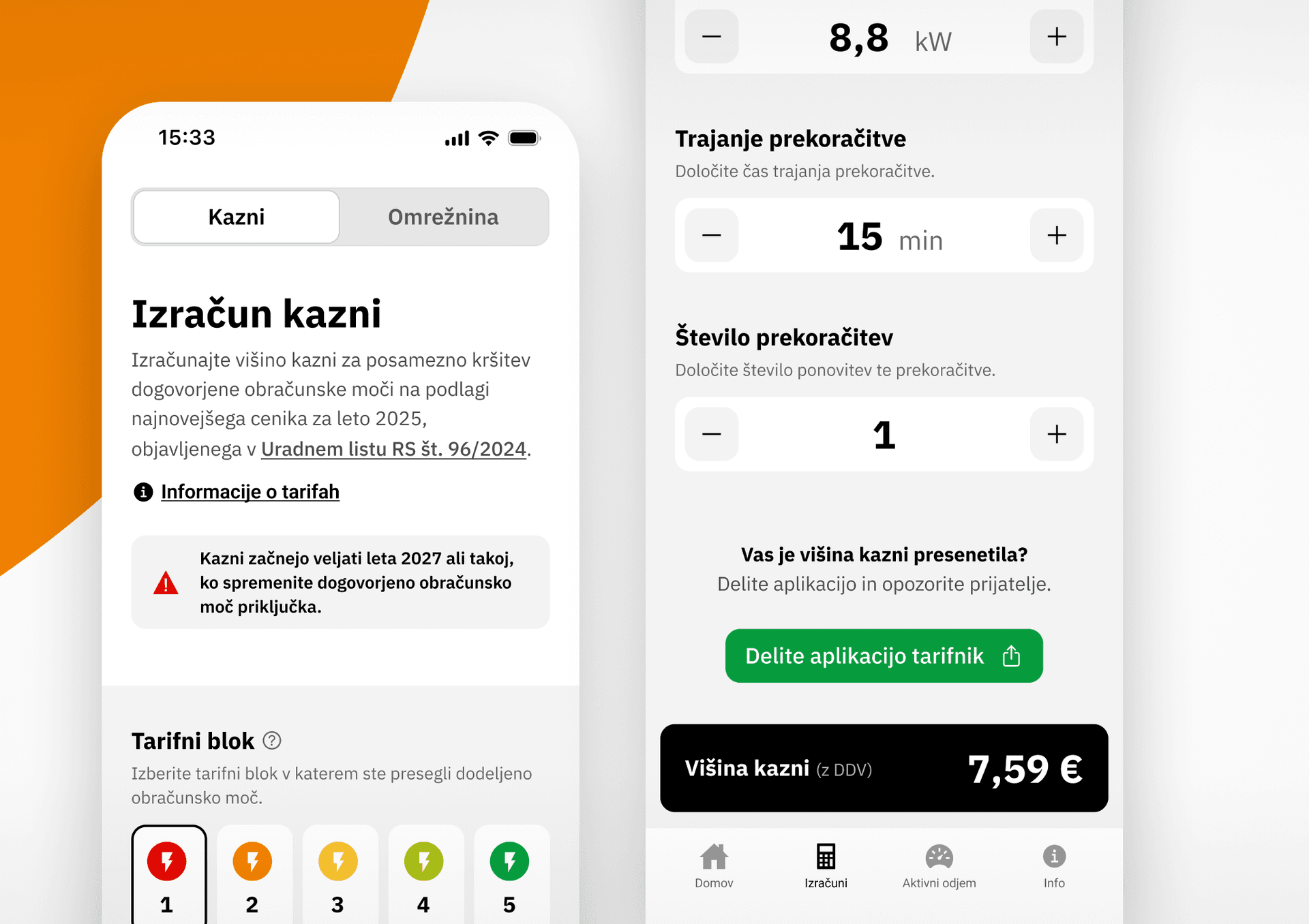 Mobile app interface in Slovene for calculating penalty fees or overcharge rates, developed by CNJ Digital. The left screen displays penalty calculation information and tariff details with colored tariff blocks and a description referencing the “Uradni list RS, št. 96/2024.” The right screen shows input fields for power, duration, and number of overcharges, along with a green button for sharing the app and the total calculated penalty fee of 7,59 €. Clean, modern UI with clear icons and contrasting elements for accessibility.