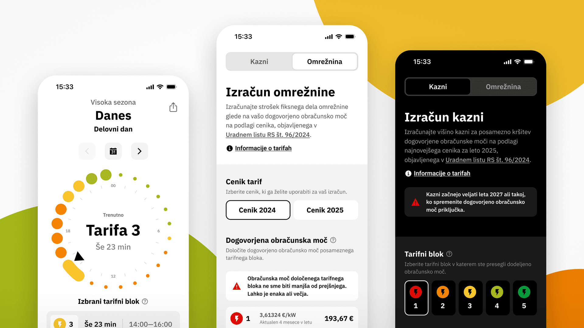 Three mobile UI screens from a CNJ Digital energy tariff app, displaying real-time electricity usage, tariff information, and legal calculations for network and penalties. The interfaces feature circular usage graphs, warning icons, segmented tariff blocks, and toggles for daily, light, and dark modes. Relevant Slovenian text includes “Tarifa 3”, “Izračun omrežnine”, and “Izračun kazni.”